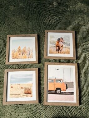 Four-Piece Rustic Wood Frame Wall Art Set - Orange and Brown Accents